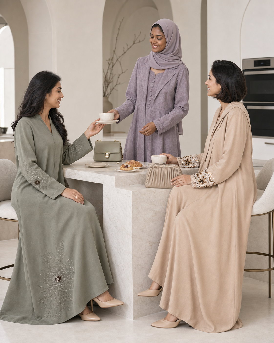 Three abayas from the collection, worn full length.
