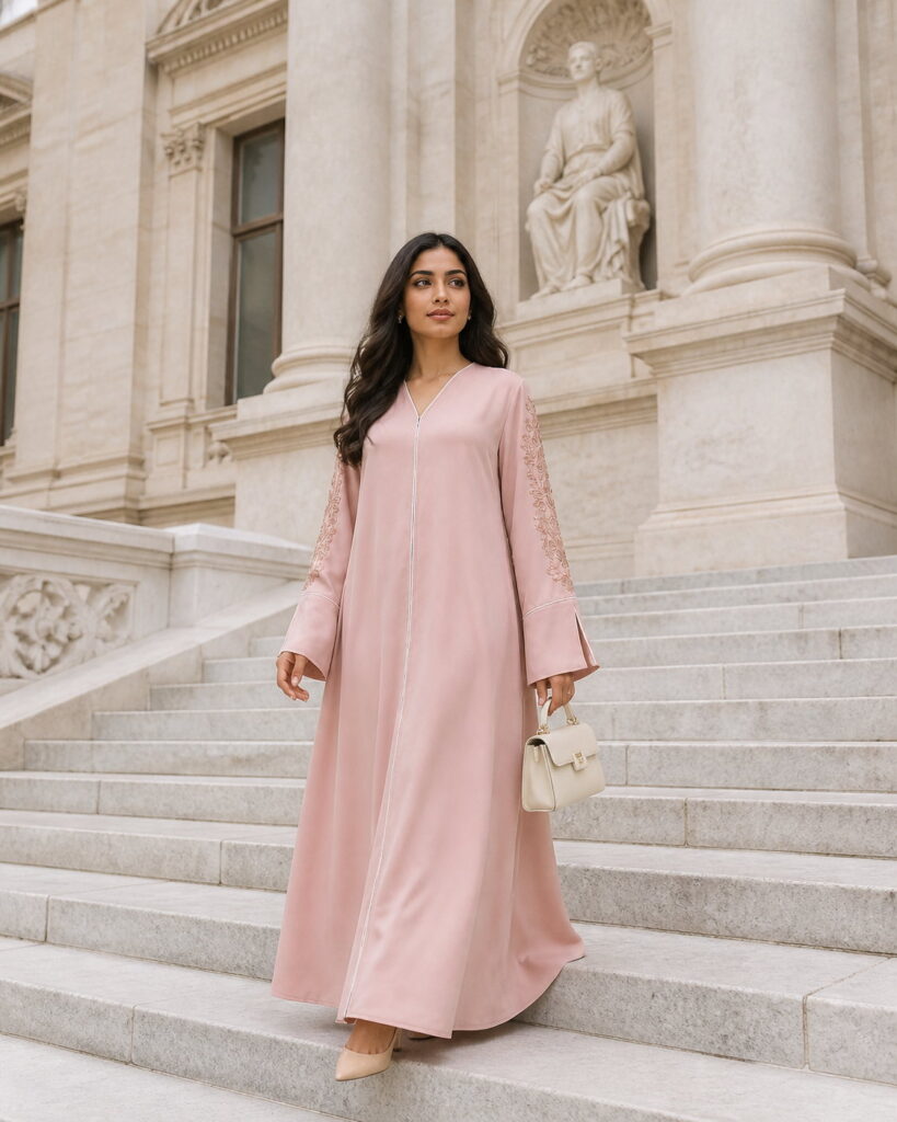 A blush abaya with embroidered sleeves and a piped front seam, cut full length.
