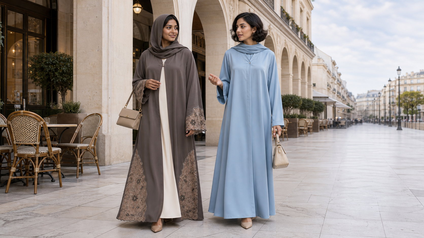 A taupe open abaya with lace panels worn over cream, beside a pale blue abaya with a draped hood.