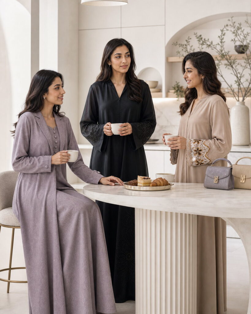 A lilac coat dress with covered buttons, a black abaya with beaded sleeves, and a camel abaya with cutwork cuffs.