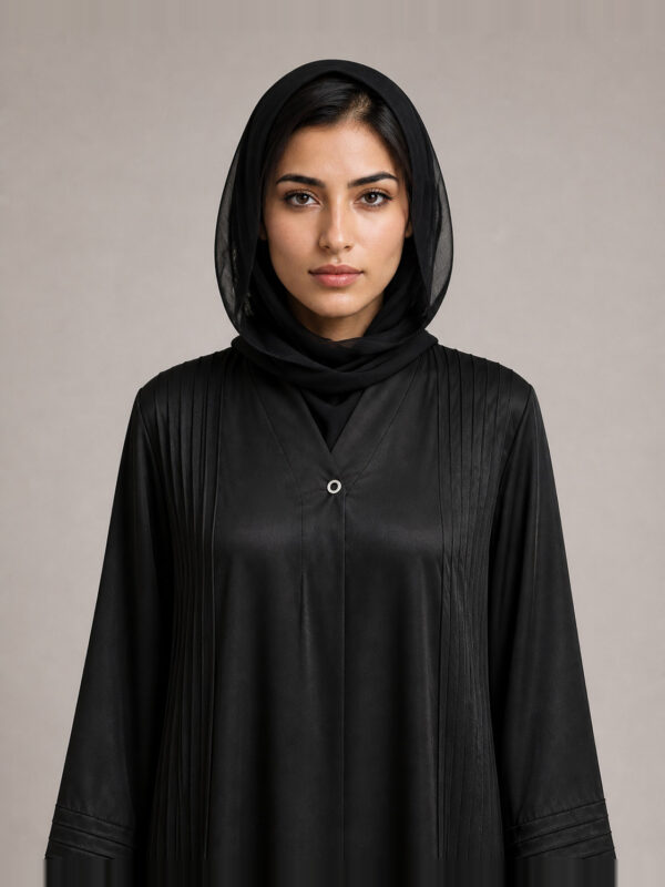 Muneera Satin Abaya — neckline and bodice Muneera Satin Abaya, neckline and bodice.