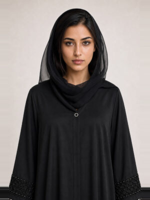 Nadira Crepe Abaya — neckline and bodice Nadira Crepe Abaya, neckline and bodice.
