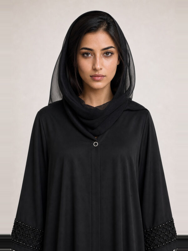 Nadira Crepe Abaya — neckline and bodice Nadira Crepe Abaya, neckline and bodice.