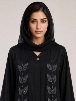 Raihana Crepe Abaya — neckline and bodice Raihana Crepe Abaya, neckline and bodice.