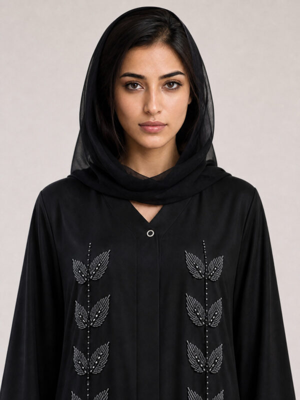 Raihana Crepe Abaya — neckline and bodice Raihana Crepe Abaya, neckline and bodice.