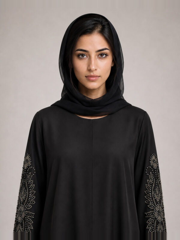 Shazna Crepe Abaya — neckline and bodice Shazna Crepe Abaya, neckline and bodice.