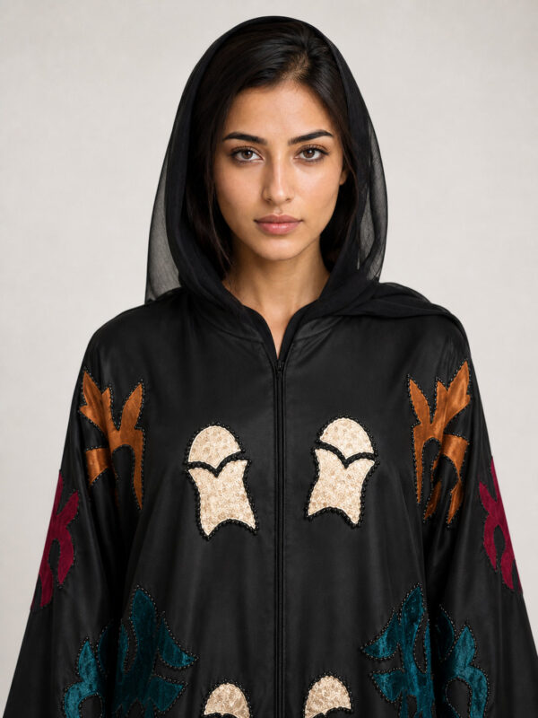 Suhana Satin Abaya — neckline and bodice Suhana Satin Abaya, neckline and bodice.