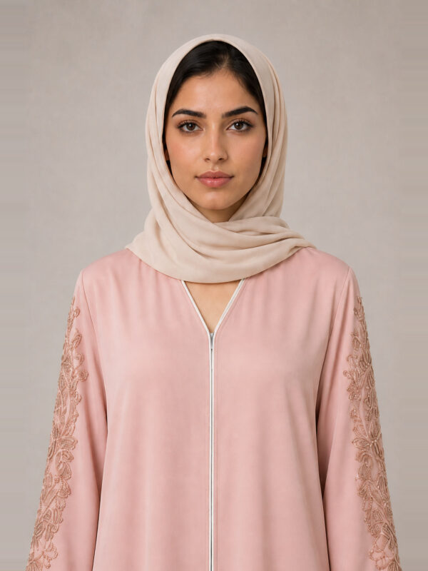 Warda Crepe Abaya — neckline and bodice Warda Crepe Abaya, neckline and bodice.