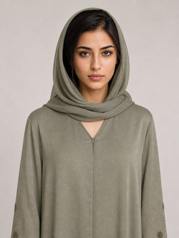 Yasmeen Crepe Abaya — neckline and bodice Yasmeen Crepe Abaya, neckline and bodice.